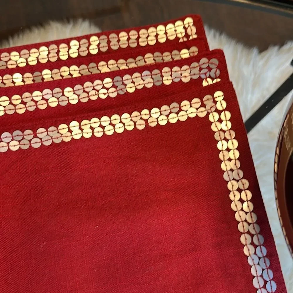 Pier 1 Red Sequined Trim Cloth Placemats 4